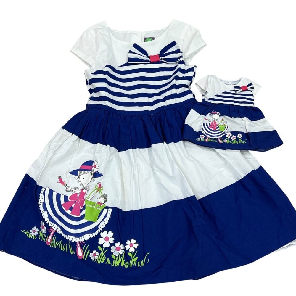 Girl & Doll Matching Navy & White Striped Dresses With Bow & Floral Design